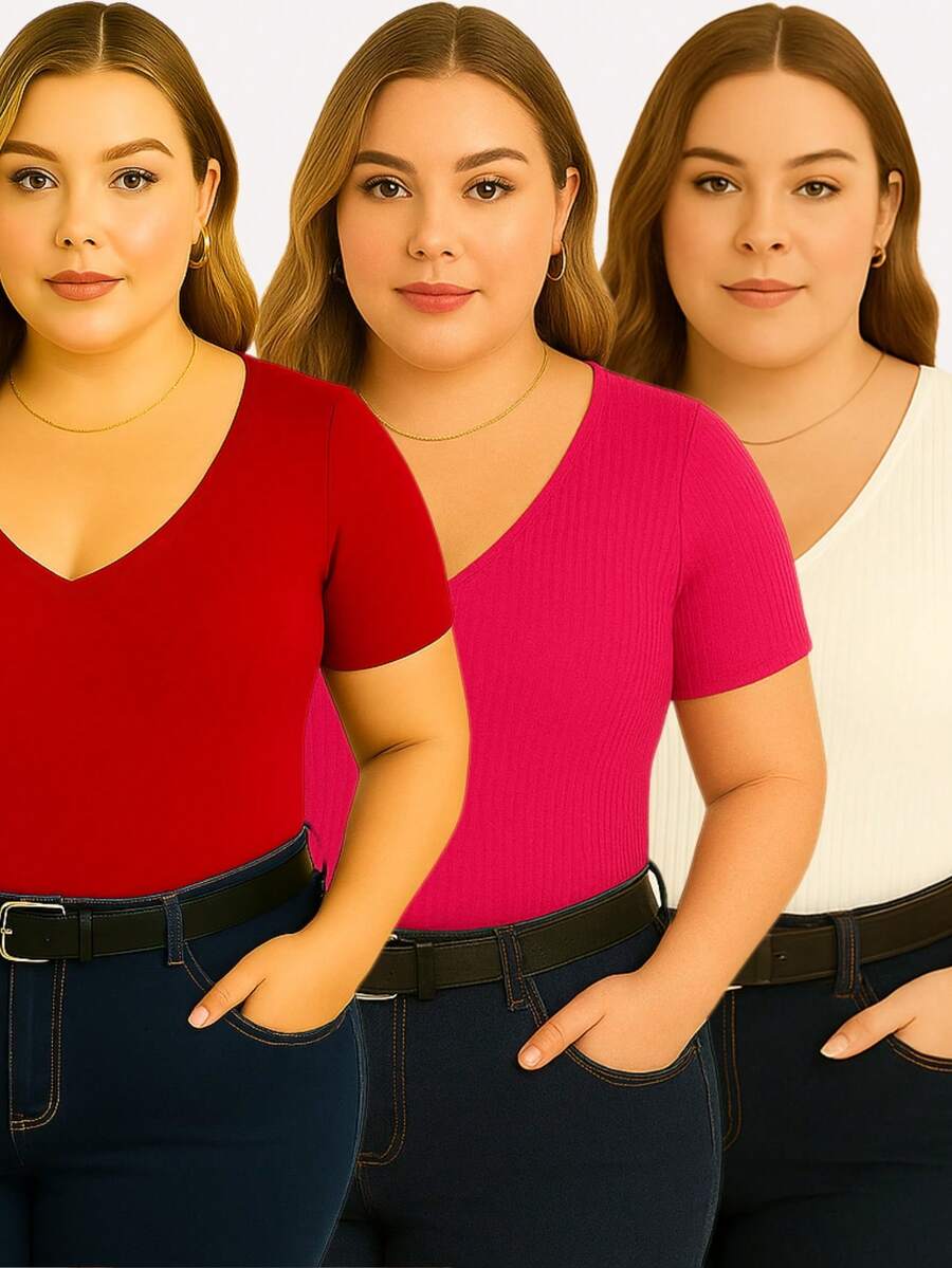 Set Of 3 Basic Women's Plus Size V-Neck Blouses - Red/pink/off - View 1