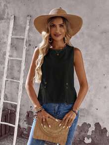 Camisa de mujer de unicolor con botones delanteros y dobladillo con abertura, versátil para vacaciones de verano - Negro 2 - Ver 4