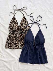 2 piezas Camiseta sin espalda con cuello en V y tirantes con estampado de leopardo, de tela texturizada, sexy y casual para vacaciones, citas, té de la tarde, vacaciones, festivales de música, estilo bohemio - Azul marino - Ver 5