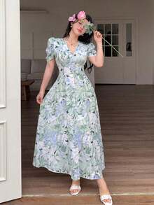 Vestido de mujer de ajuste ceñido con cuello cruzado, botones de perlas y mangas abullonadas - Verde - Ver 6