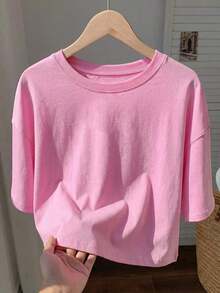Camiseta crop de hombros caídos - Rosa - Ver 1