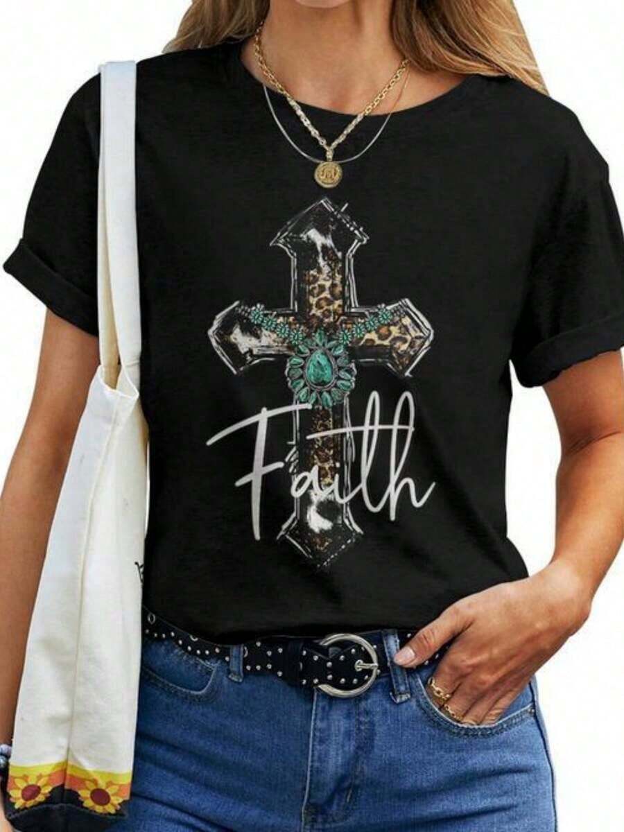 Camiseta casual para mujeres con cruz de fe cristiana, diseño de leopardo turquesa, cruz de Jesús, fe. - Negro - Ver 1