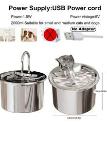 1pc 2L Cat Head Fountain-Style Stainless Steel Pet Automatic Filter Water Dispenser, Ultra-Quiet Water Pump, Suitable For Small And Medium-Sized Cats And Dogs To Drink Automatically, Replaceable Filter Cartridge Available For Purchase - Silver - View 10