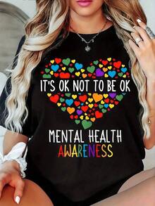 Camiseta Casual para Mujer - Presenta un colorido diseño de corazones diseñado para aumentar la conciencia sobre la salud mental, está hecha de un tejido de punto suave y elástico, con cuello redondo y mangas cortas, adecuada para usar en primavera y verano, lavable a máquina, cómoda para el uso diario.|   Camiseta con Estampado Divertido|   Material opaco - Negro - Ver 7