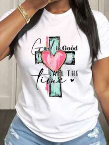 Camiseta de Mujer Talla Grande con Diseño Christian Elements And Heart, Manga Corta, Cuello Redondo, Tejido de Elasticidad Media, Adecuada para Ropa Casual de Primavera, Verano y Otoño, Lavable a Máquina, Diseño Divertido - Blanco - Ver 1