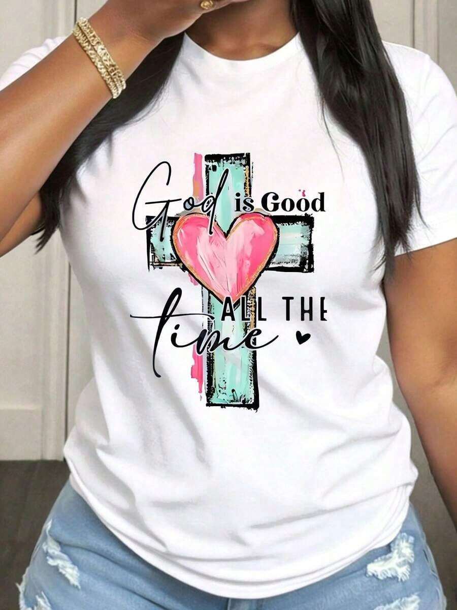 Camiseta de Mujer Talla Grande con Diseño Christian Elements And Heart, Manga Corta, Cuello Redondo, Tejido de Elasticidad Media, Adecuada para Ropa Casual de Primavera, Verano y Otoño, Lavable a Máquina, Diseño Divertido - Blanco - Ver 1