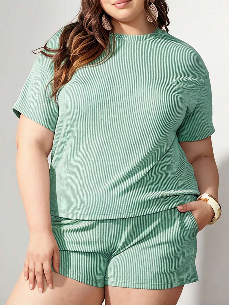 2pcs Plus Size Women Ribbed Knit Loose T-Shirt And Shorts Set - Mint Blue - View 1