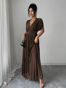 Elenzya Vestido maxi de mujer con tela de malla elástica con forro elástico, fruncido, pliegues en la cintura, cintura ajustable, silueta evasé, hombros caídos, mangas cortas, lazo en la espalda, hombros antideslizantes, longitud maxi, color rojo angora, estilo vintage francés elegante, adecuado para ir a la oficina, de viaje, casual, minimalista, versátil, para tomar el té de la tarde, fiestas, nueva llegada primavera/verano, vestidos envolventes para damas, vestidos talla grande vendidos, vestidos formales para mujer, vestidos elegantes clásicos para bodas y eventos - Marrón - Ver 8
