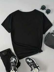 Talla grande - talla extra grande - camiseta de mujer, hecha de algodón puro, tela ligera y transpirable, diseño de cuello redondo, diseño estampado, corte de manga corta, adecuada para primavera y verano. - Negro - Ver 2