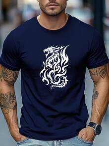 Camiseta de talla grande para hombre, relajada y casual, camiseta de verano casual de manga corta y cuello redondo con estampado de dragón de llamas blanco, TALLA GRANDE - [Blanco] - Ver 9