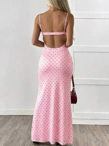 Vestido de mujer con fondo color albaricoque y tirantes a lunares - Blanco - Ver 2