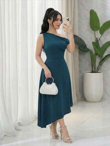 Vestido de mujer elegante de unicolor con bajo asimétrico - Azul - Ver 1