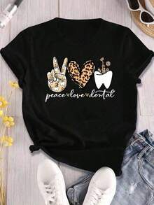 1 pieza Camiseta de Cuello Redondo para Mujer con Estampado de Leopardo, Diseño de Mano, Corazón y Diente, Estilo Casual para Uso Diario, Regalo de Cumpleaños para Dentistas o Amantes de la Odontología, 220g/180g, 100% Algodón - Blanco - Ver 8