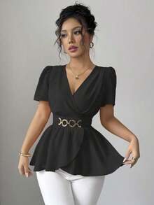 Nueva blusa elegante y casual ajustada con diseño de volantes, cuello en V, mangas de volantes, decoración de cintura, botones y bajo cruzado de tela tejida - Negro - Ver 6