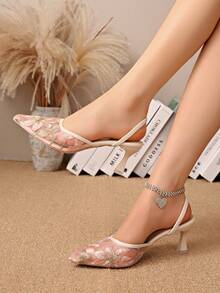 New Chinese Style White High Heel Mules, Pointed Toe Lace Embroidery Convertible Sandals For Women - Pink - View 3