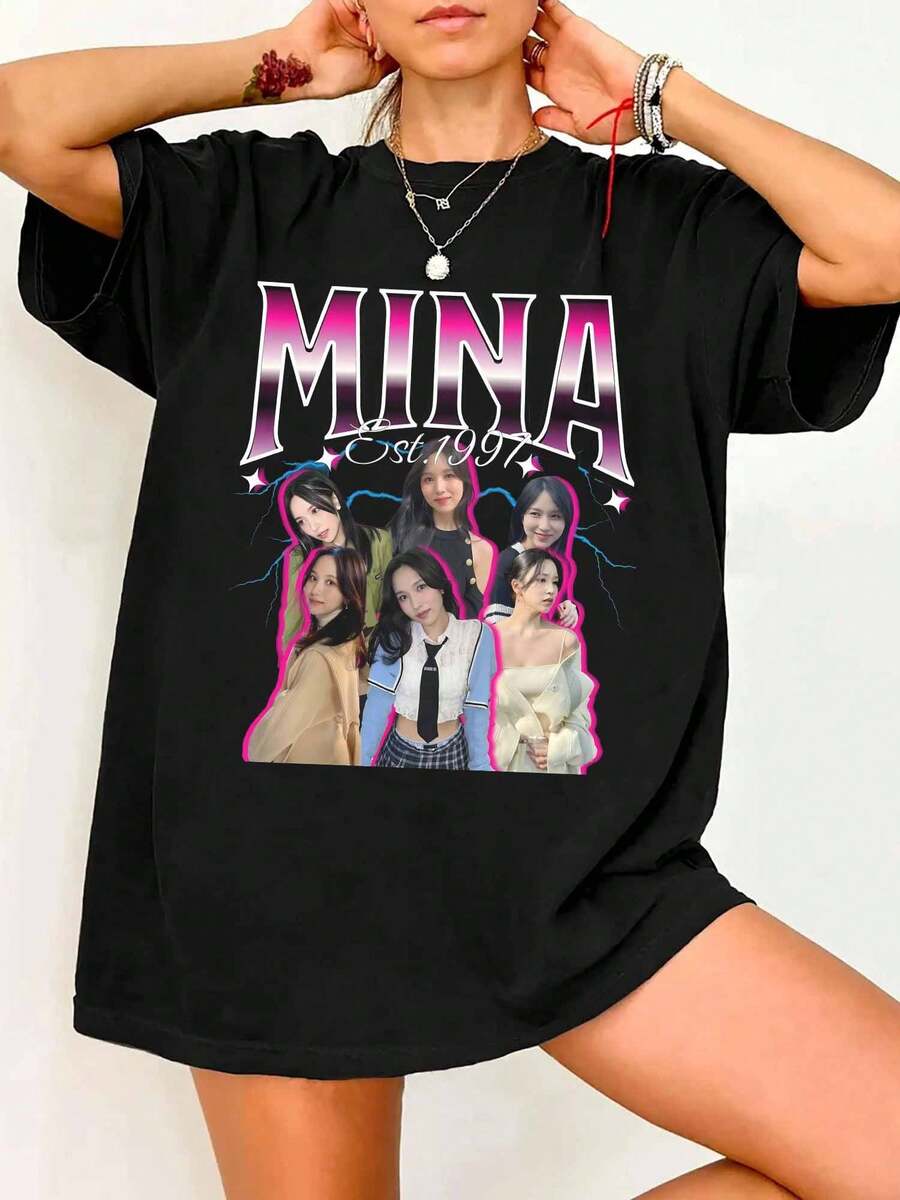 Counterfeit Vintage Oversized Black Graphic T-Shirt Of Mina, K-Pop Idol From TWICE - Black - View 1