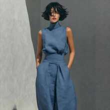 Conjunto Primavera Blusa Sin Mangas Mezcla Algodón Lino Sólida Elegante para Mujer + Pantalones Anchos - Azul - Ver 5