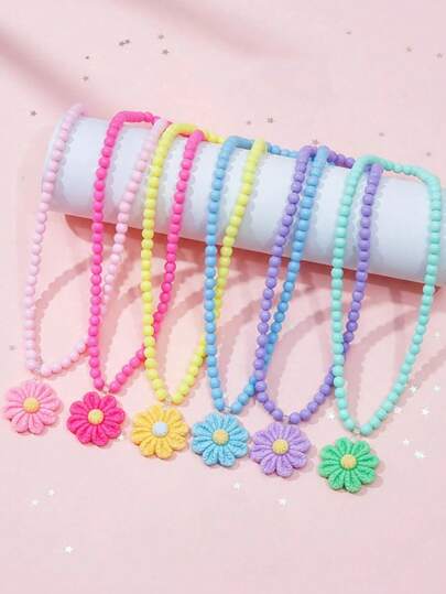 1pc Girls Cute Multicolor Flower Pendant Charm Beaded Necklace , Suitable For School, Holiday Party, Birthday Gift, Random Color