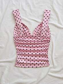 Camiseta de mujer elegante para vacaciones, de tela de punto a lunares, con tirantes retorcidos y fruncidos, de ajuste ceñido, adecuada para vacaciones, citas, té de la tarde, playa, crucero, viaje a la ciudad, vacaciones en la isla, festival de música, vacaciones bohemias, se puede usar por dentro o por fuera - Rosa - Ver 2