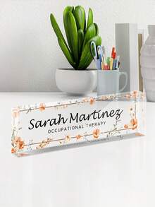 Customized Watercolor Floral Acrylic Desk Nameplate, Customizable Name & Position, Transparent Desktop Display Sign With Personalized Floral Pattern Acrylic Desk Plaque, Office Workstation Decoration Display Sign - Multicolor - View 8