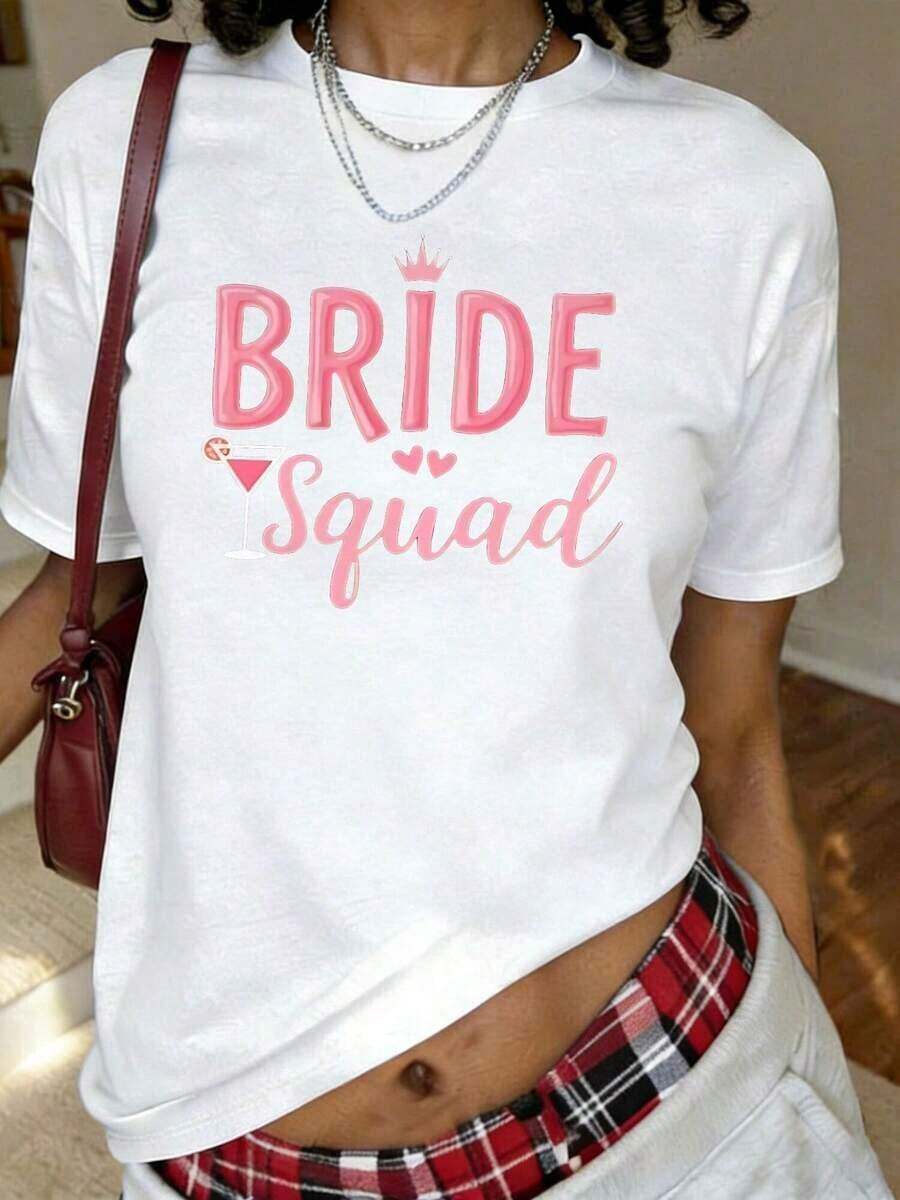 Camiseta con Estampado 'Bride Squad', Manga Corta, Cuello Redondo, Estilo Casual para Verano y Primavera, Ropa de Mujer - Blanco - Ver 1