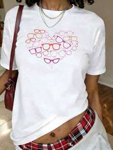 Camiseta Casual para Hombre con Estampado de Gafas en Forma de Corazón Colorido, Camiseta de Manga Corta con Cuello Redondo para Verano y Primavera, Ropa para Mujer - Blanco - Ver 7