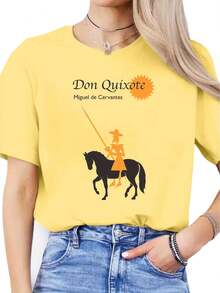 Blusa casual para mujer con estampado de letras en español, camiseta casual de primavera/verano, camiseta deportiva de manga corta con cuello redondo, tops de algodón para mujer. - Negro - Ver 6