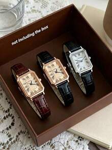 Retro Square Ladies Watch Roman Numerals Multi Color Choose Light Luxury Vintage Style Quartz Wristwatch Unique Design Accessory 3-4pcs Set - Multicolor - View 8