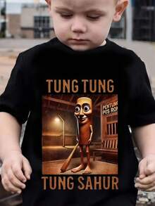 Kids' Short-Sleeved T-Shirt With A New Graphic Print Of Fun Summer Cartoon Characters, Casual Holiday Wear, Loose Fit, Novelty Round Neck Top, Streetwear T-Shirt - 黑色 - 查看 12