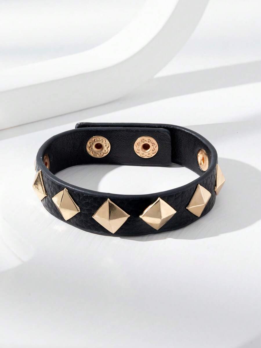 1 buah Gelang Wanita Gaya Rock Studded PU Bulat dengan Paku Keling, Gaya Motor Gelap Y2K, Dapat Diatur, Serbaguna untuk Pemakaian Sehari-hari - Hitam - B1475 - View 1