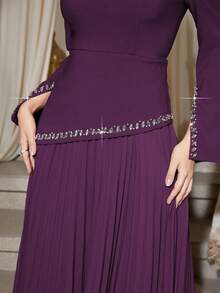 Women's Solid Deep Purple Small Stand Collar Asymmetrical Rhinestone Embellished Cuff Rhinestone Embellished Pleated Hem Oversized Birthday Wedding - Dark Purple - View 4