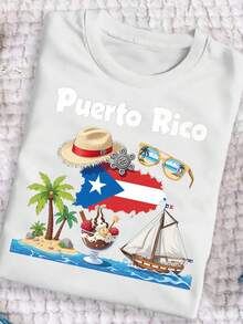 Camiseta de algodón con diseño de la cultura playera de Puerto Rico, diseño colorido que muestra sombreros de paja, barcos, palmeras, helados de playa y veleros con la bandera puertorriqueña, camiseta casual de verano para mujer con cuello redondo, transpirable y suave, adecuada para entusiastas de la cultura puertorriqueña, top con estampado de temática playera e isleña. Estilo coreano, manga corta holgada. - Blanco - Ver 1