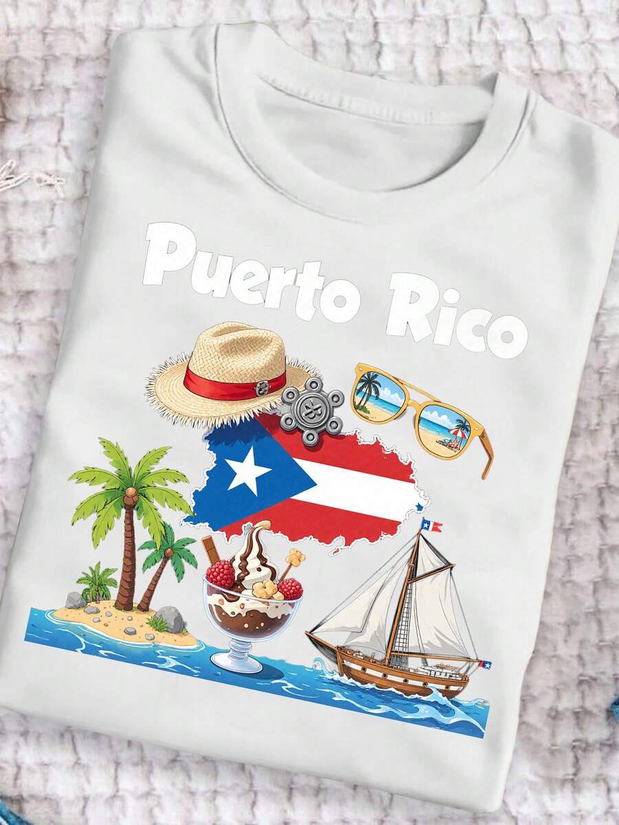Camiseta de algodón con diseño de la cultura playera de Puerto Rico, diseño colorido que muestra sombreros de paja, barcos, palmeras, helados de playa y veleros con la bandera puertorriqueña, camiseta casual de verano para mujer con cuello redondo, transpirable y suave, adecuada para entusiastas de la cultura puertorriqueña, top con estampado de temática playera e isleña. Estilo coreano, manga corta holgada. - Blanco - Ver 1