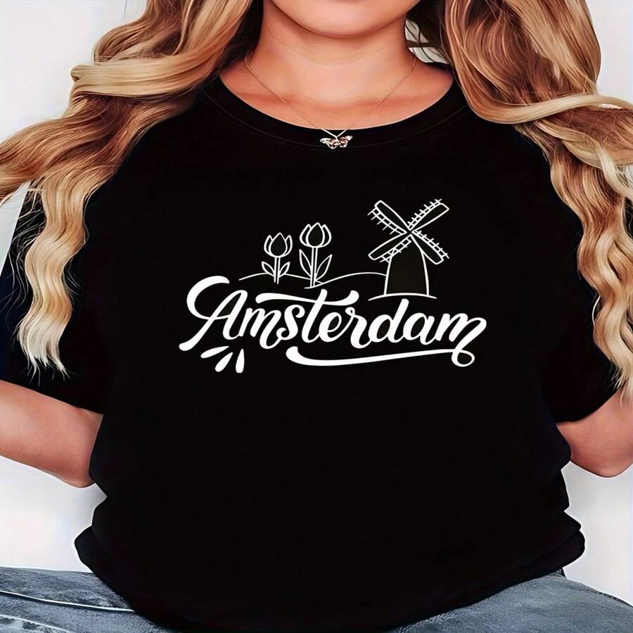 Camiseta de Talla Grande, Camiseta Plus Size, Diseño Temático de Tulipanes y Molinos Holandeses, Estampado de Letras, Manga Corta, Cuello Redondo, Lavable a Máquina, Estilo Casual, Ajuste Cómodo, Diseño Moderno, Versátil para Uso Diario, Tejido Suave, Estilo a la Moda S-XXXL - Negro - Ver 1