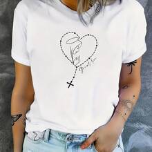 Spring And Summer One-Piece T-Shirt With Round Neck, Jersey And Cross Heart Print, Round Neck And Short Sleeves, Ideal For Running, Sports, Fashion, Elegant, Individual And Interesting For Women - 白色 - 查看 1