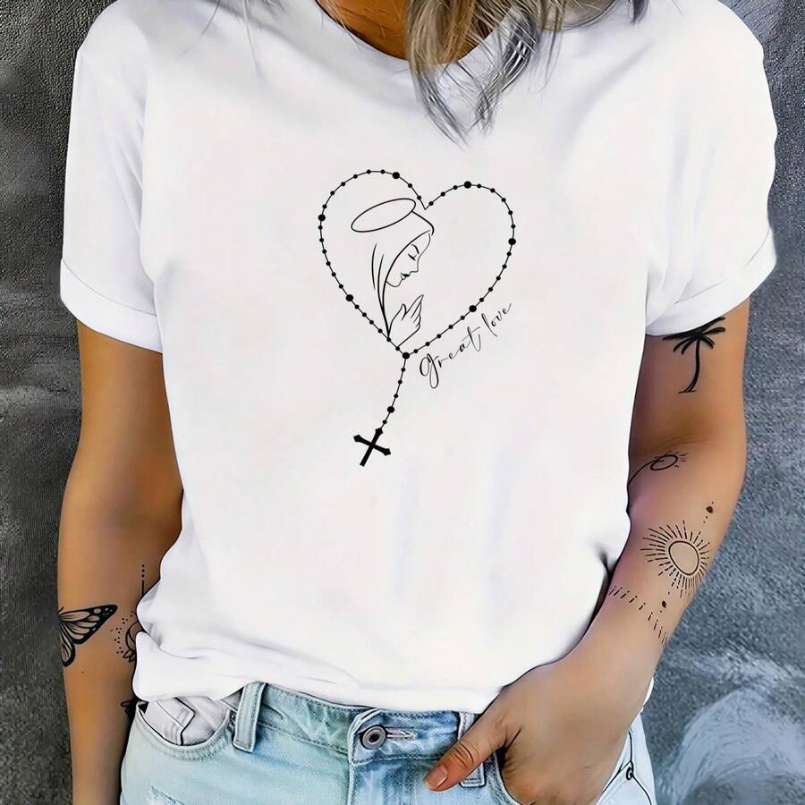 Spring And Summer One-Piece T-Shirt With Round Neck, Jersey And Cross Heart Print, Round Neck And Short Sleeves, Ideal For Running, Sports, Fashion, Elegant, Individual And Interesting For Women - 白色 - 查看 1