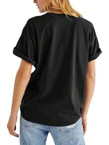 Camiseta de Mujer con Estampado de Rosas, Corte Holgado, Manga Corta de Verano, Top Casual de Cuello Redondo Estilo Boyfriend - Blanco - Ver 7