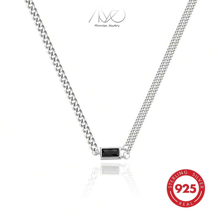 925 Silver Elegant Vintage Geometric Cubic Zirconia Pendant Necklace, Asymmetric Chain Design, Suitable For Daily, Party, Holiday, Gift - Silver - View 1