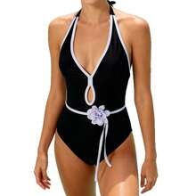 Nuevo Traje de Baño de Color Sólido con Cuello Halter y Diseño Floral 3D para Mujer, Bikini sin Espalda que Estiliza y Favorece la Figura. - Negro - Ver 3