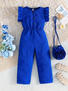 Girls' Spring/Summer Cap Sleeve Jumpsuit With Floral Backpack - Blue - View 2