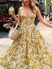 Amore Look For A Wedding Guest: Long Blue Dress With Floral Print, V-Neck, Sleeveless, High Waist And A-Line Silhouette, Perfect For Graduations, Parties, Summer Holidays Or An Elegant Afternoon Tea - 黃色 - 查看 6
