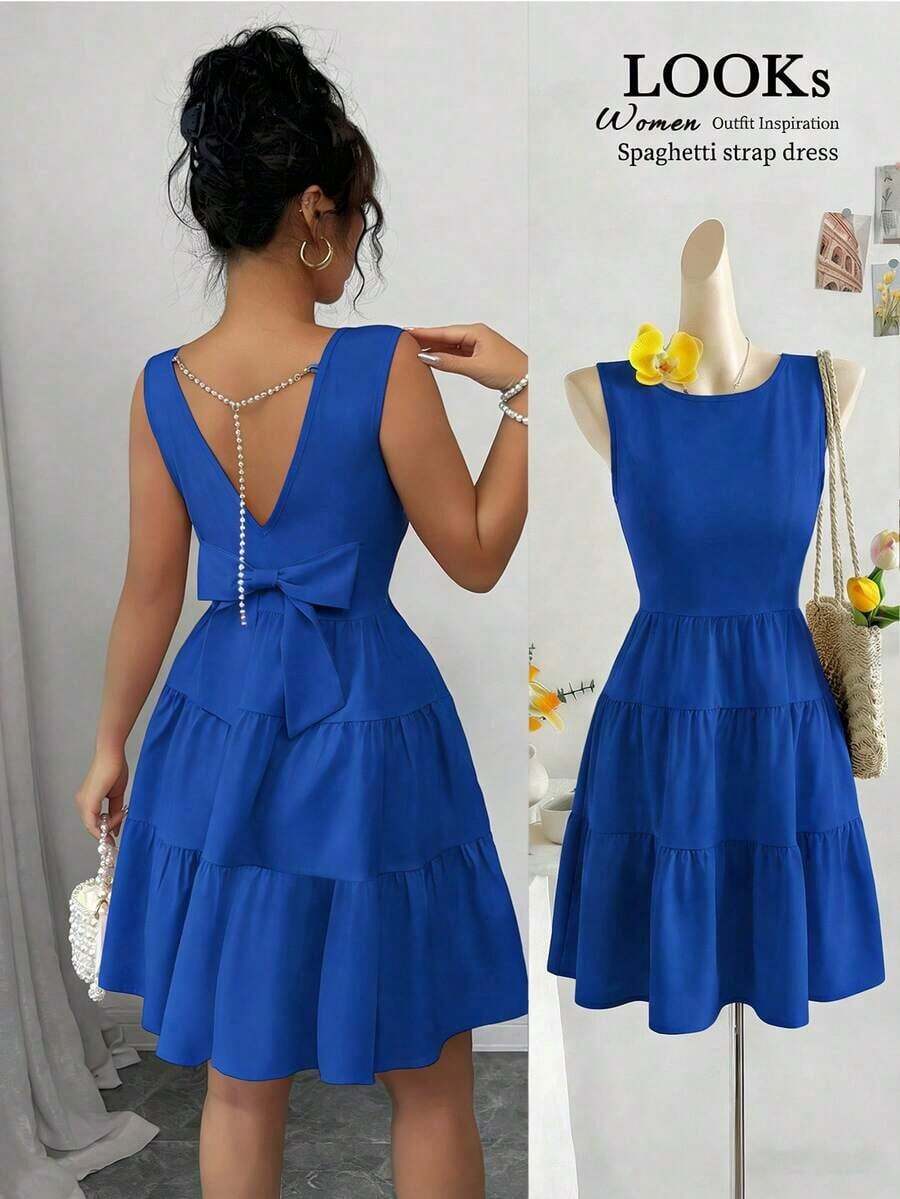 Vestido midi elegante para mujer de unicolor con cintura ajustada, sin mangas, con decoración de cadena y lazo - azul real - Ver 1