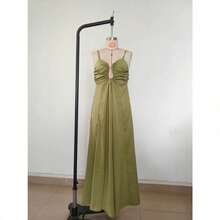 Vestido largo amplio de verano nuevo para mujer, tirantes sensuales con diseño en U, estilo vacacional - Verde militar - Ver 4