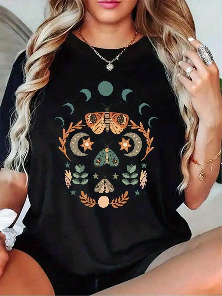 1 pieza de playera para hombre y mujer, 100% algodón puro, cuello redondo casual con estampado, manga corta transpirable para uso diario, dise?o nocturno de mariposa misteriosa y cielo estrellado - Negro - Ver 1