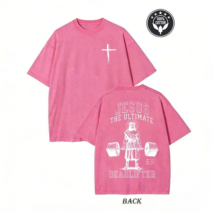 Camiseta Vintage con Efecto Ácido de Jesus The Ultimate Deadlifter |   Camiseta Oversized de Christian Gym, Camiseta con meme de Christian Gym de Jesús levantando pesas |   Camiseta Oversized Retro Workout Faith para Hombre - Rosa - Ver 1