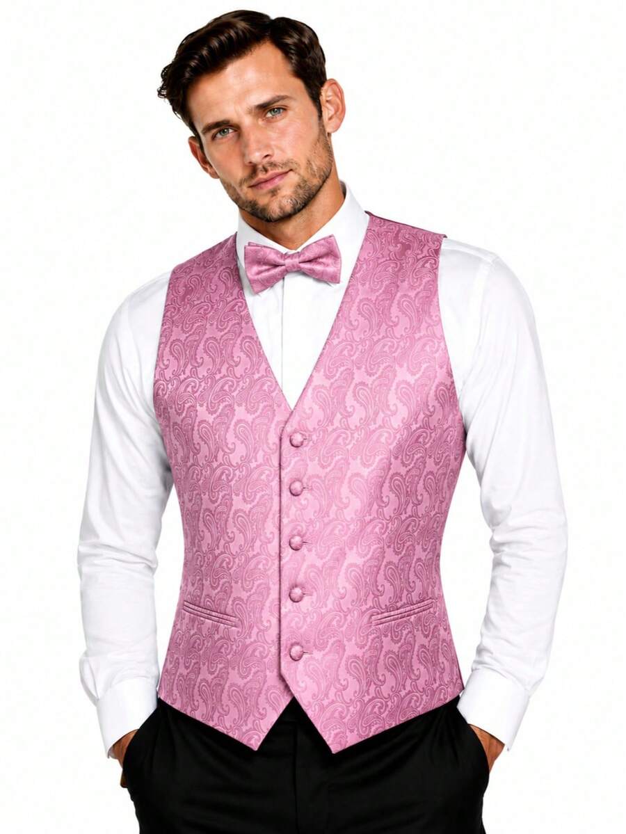 Sizes XS To 6XL Men's 3-Piece Tuxedo Vest Set – Jacquard Waistcoat With Paisley Floral Pattern With Bow Tie And Pocket Square For Wedding, Prom, Formal Events - Rose - View 1