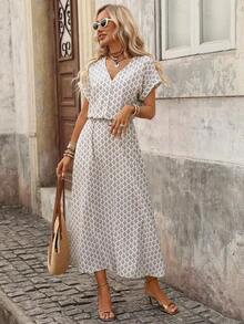 Vestido de mujer de manga corta holgado con cuello en V y medio abierto, de tela texturizada, adecuado para exteriores y vacaciones, primavera/verano - Caqui - Ver 9