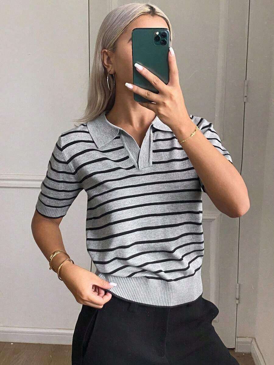 Top De Punto Con Patrón De Rayas Y Detalle De Muesca - Gris - Ver 1