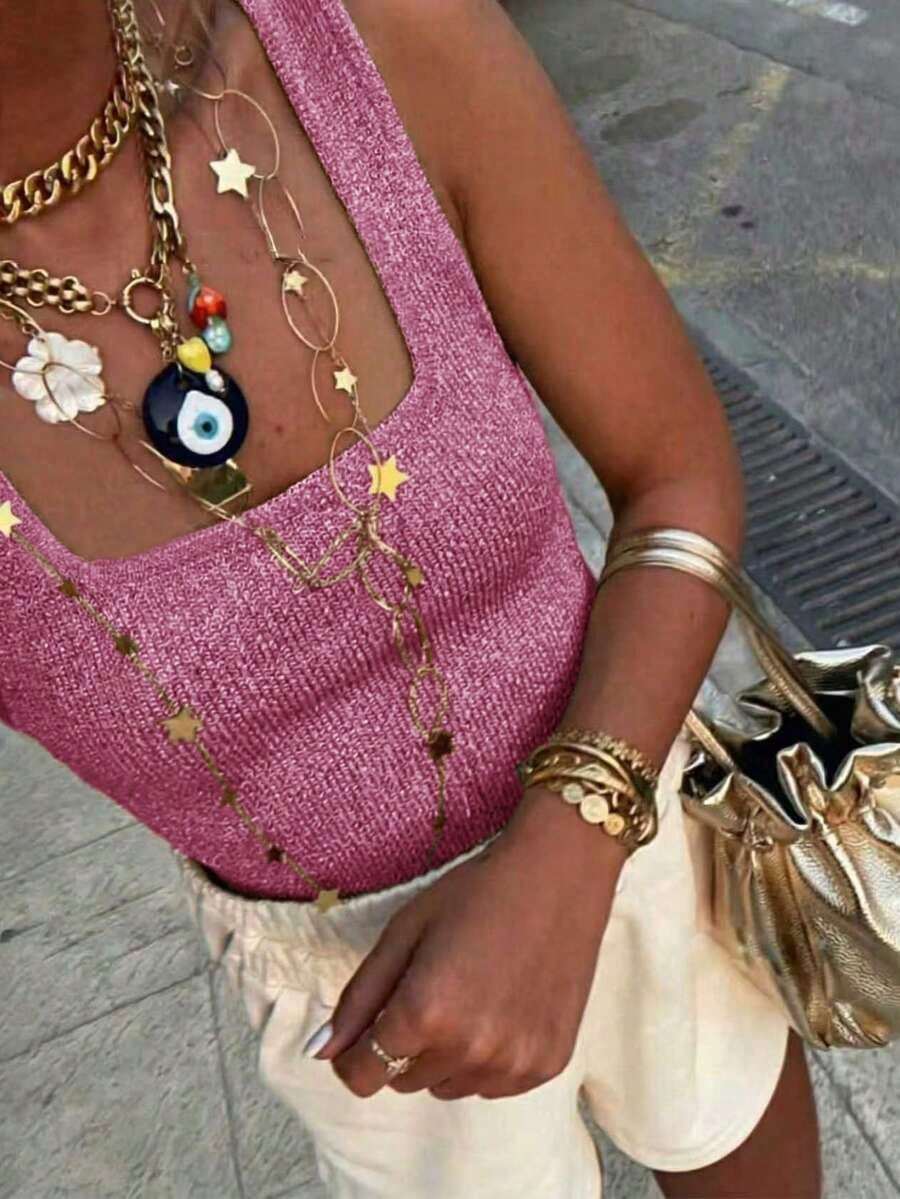 Camiseta sin mangas de punto con cuello cuadrado brillante y estilo Y2K sexy y lindo para mujer, ideal para uso casual, al aire libre, citas, diario, calle, viajes, vacaciones, festivales de música, festivales rurales, color dorado claro para verano - Rosa - Ver 1
