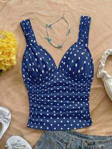 Camiseta de mujer elegante para vacaciones, de tela de punto a lunares, con tirantes retorcidos y fruncidos, de ajuste ceñido, adecuada para vacaciones, citas, té de la tarde, playa, crucero, viaje a la ciudad, vacaciones en la isla, festival de música, vacaciones bohemias, se puede usar por dentro o por fuera - Azul marino - Ver 6